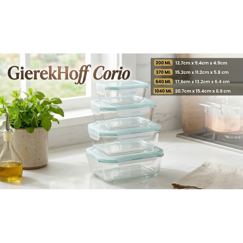 Pojemniki szklane prostokątne lunchbox GierekHoff Corio GH 1114 zestaw 4 sztuki żaroodporne hermetyczne 1050/640/370/200 ml