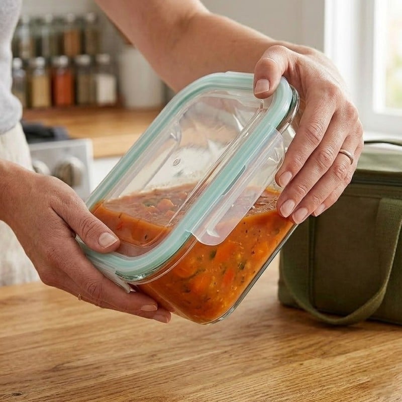 Pojemniki szklane kwadratowe lunchbox GierekHoff Corio GH 1115 zestaw 4 sztuki żaroodporne hermetyczne 800/520/320/150 ml