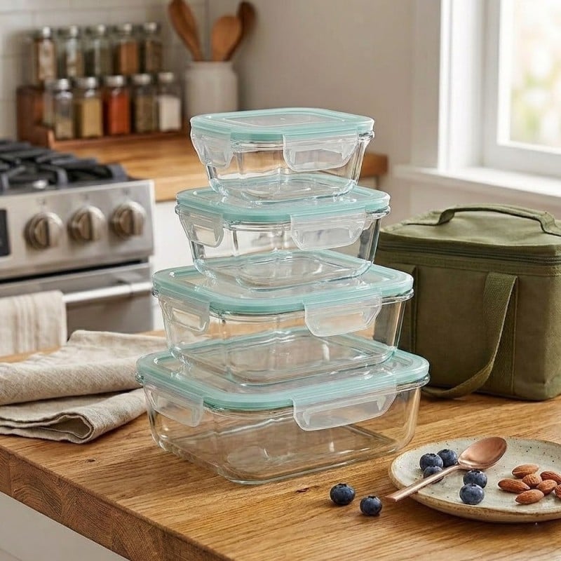 Pojemniki szklane kwadratowe lunchbox GierekHoff Corio GH 1115 zestaw 4 sztuki żaroodporne hermetyczne 800/520/320/150 ml