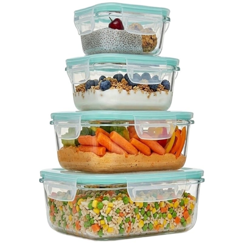 Pojemniki szklane kwadratowe lunchbox GierekHoff Corio GH 1115 zestaw 4 sztuki żaroodporne hermetyczne 800/520/320/150 ml