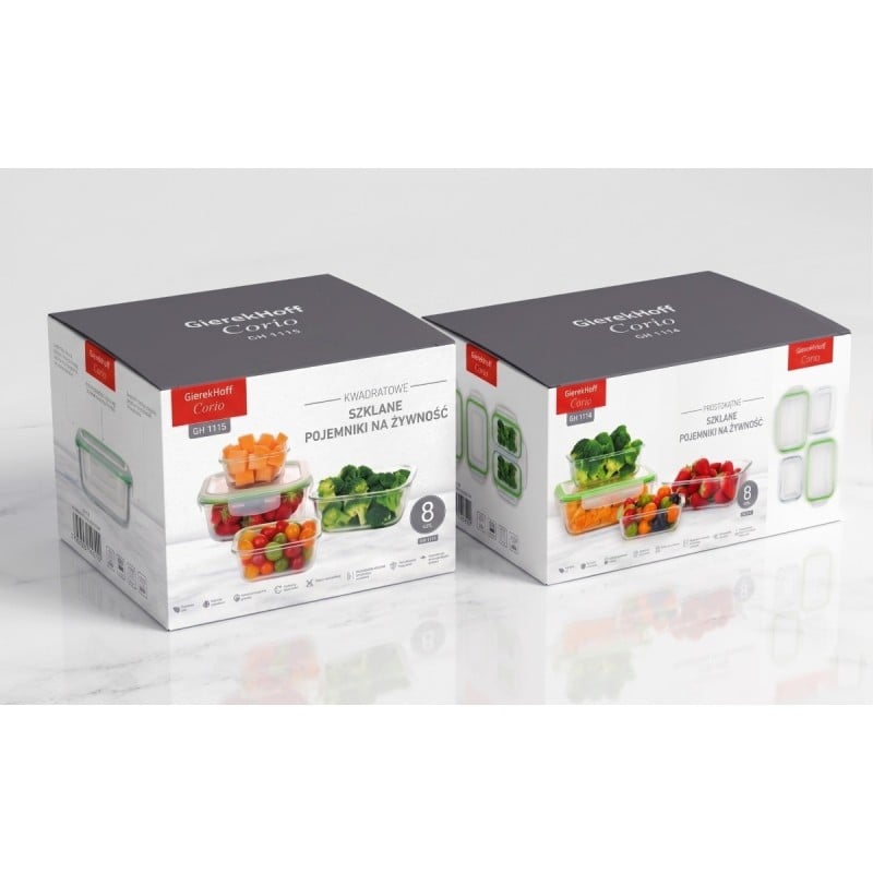 Zestaw 8 pojemników szklanych lunchbox GierekHoff Corio żaroodporne hermetyczne prostokątne kwadratowe GH 1114 1115