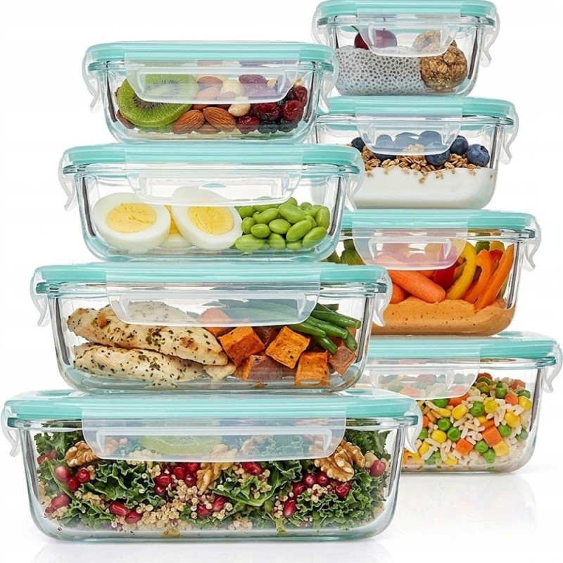 Zestaw 8 pojemników szklanych lunchbox GierekHoff Corio żaroodporne hermetyczne prostokątne kwadratowe GH 1114 1115