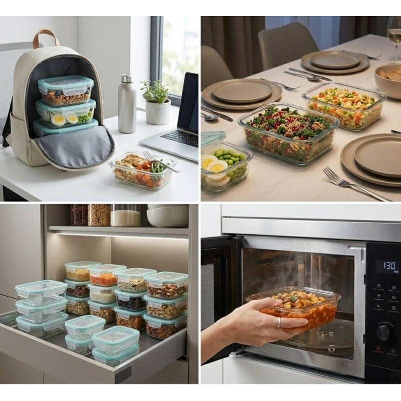 Zestaw 8 pojemników szklanych lunchbox GierekHoff Corio żaroodporne hermetyczne prostokątne kwadratowe GH 1114 1115