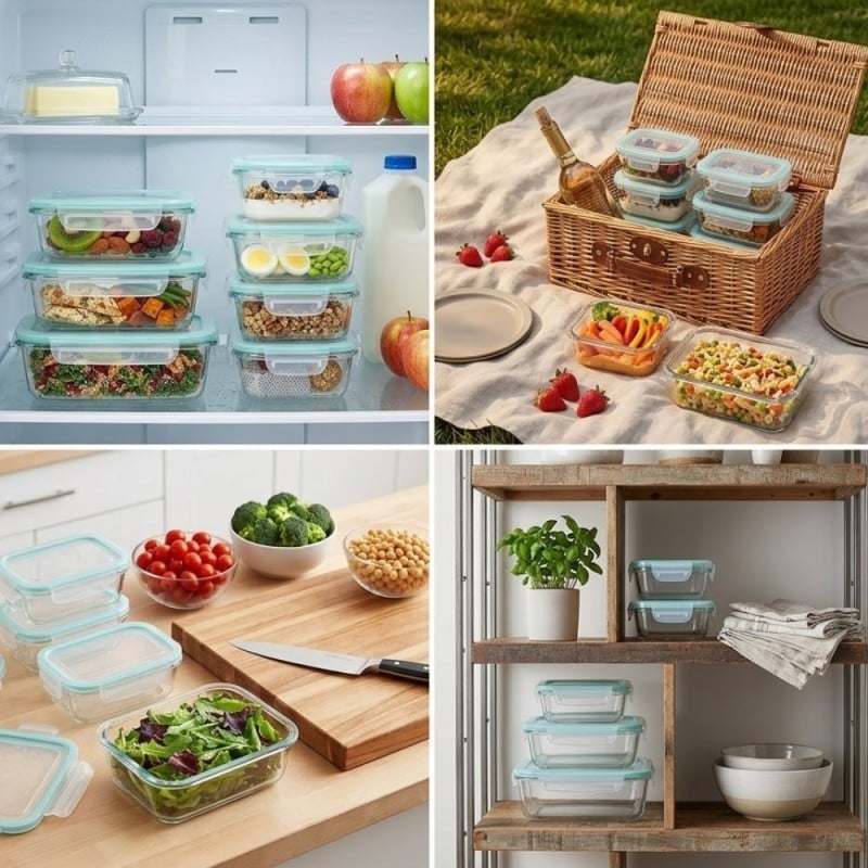 Zestaw 8 pojemników szklanych lunchbox GierekHoff Corio żaroodporne hermetyczne prostokątne kwadratowe GH 1114 1115