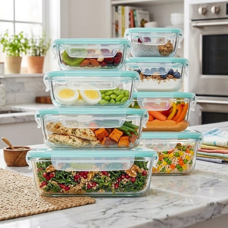 Zestaw 8 pojemników szklanych lunchbox GierekHoff Corio żaroodporne hermetyczne prostokątne kwadratowe GH 1114 1115