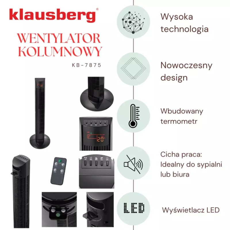 Wentylator podłogowy kolumnowy Klausberg KB 7875 wiatrak stojący 45W LCD pilot