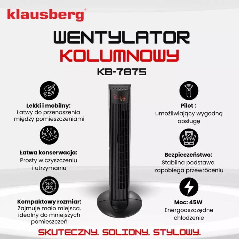 Wentylator podłogowy kolumnowy Klausberg KB 7875 wiatrak stojący 45W LCD pilot