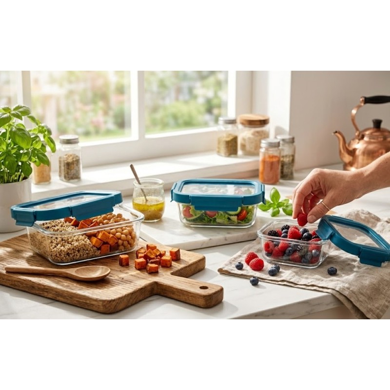 Zestaw 3 pojemników szklanych lunchbox GierekHoff Corio Glass żaroodporne hermetyczne prostokątne GH 1117