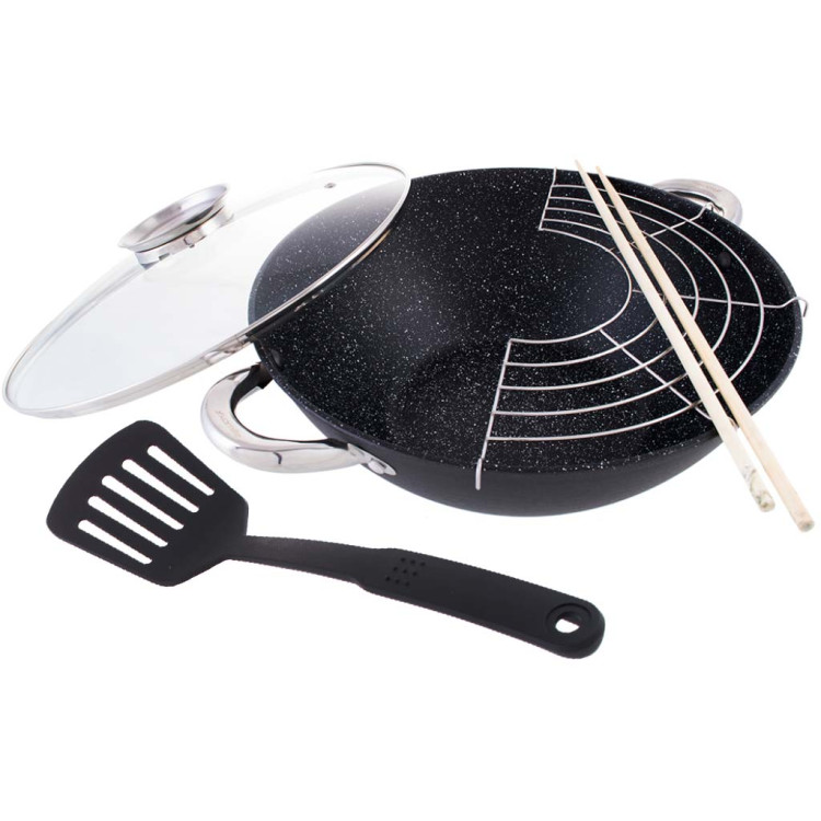 Patelnia wok indukcja/gaz Kamille 4806MR żeliwna 28cm z pokrywką i sztućcami