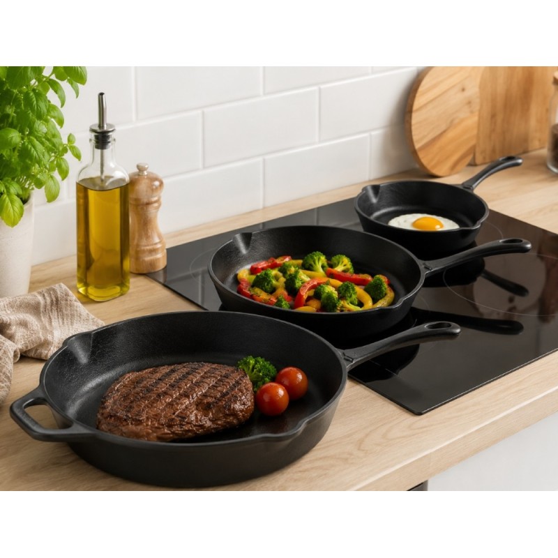 Zestaw 3 patelnie żeliwne 20/25/30 cm GierekHoff Żeliwna Tradycja ciężkie głębokie indukcja gaz ognisko grill GH 8002