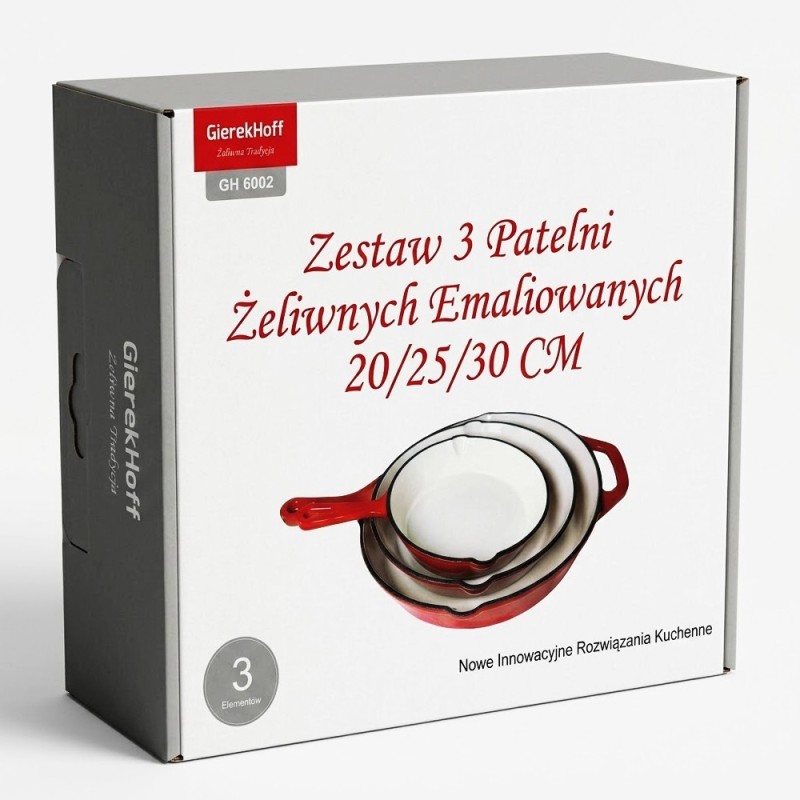 Zestaw 3 patelnie żeliwne emaliowane 20/25/30 cm GierekHoff Żeliwna Tradycja ciężkie głębokie indukcja gaz ognisko grill GH 6002
