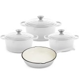 Zestaw garnków 20/22/24 cm i patelnia 25 cm żeliwne emaliowane GierekHoff Żeliwna Tradycja ciężkie białe GH 6022