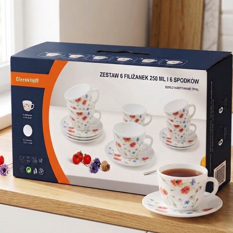 Zestaw 6 filiżanek 200 ml ze spodkami GierekHoff Sielska Łąka filiżanki dla 6 osób białe wzór kwiaty GH 1230
