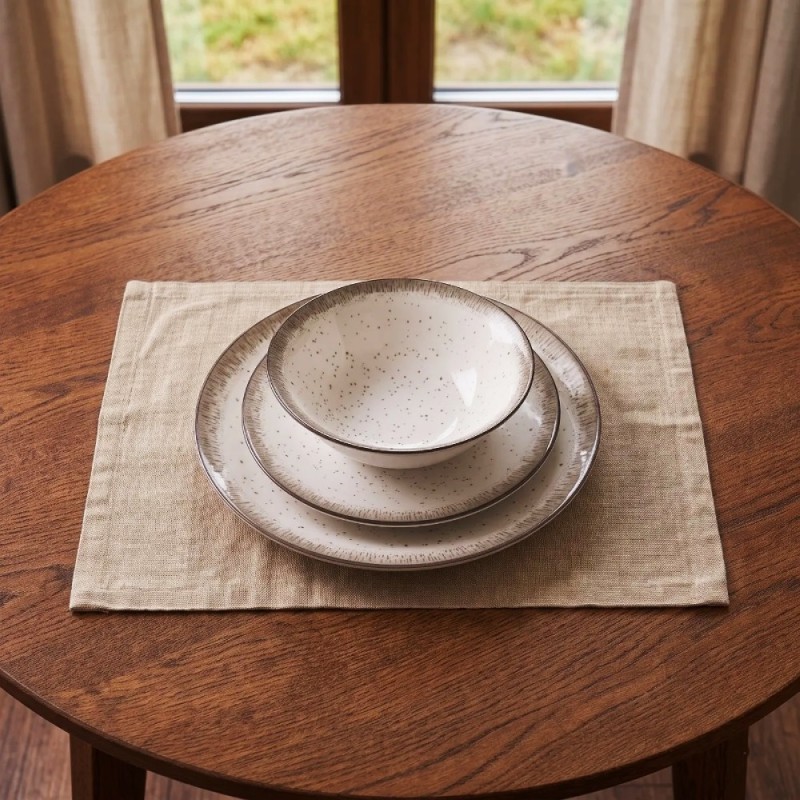Serwis obiadowy porcelana 18 elementów Atom Hello Sand beżowe talerze dla 6 osób nakrapiane