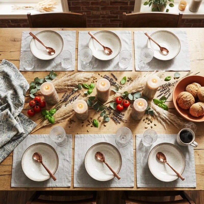 Serwis obiadowy porcelana 24 elementy Atom Hello Sand beżowe talerze kubki dla 6 osób nakrapiane