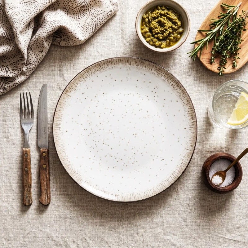 Serwis obiadowy porcelana 24 elementy Atom Hello Sand beżowe talerze kubki dla 6 osób nakrapiane