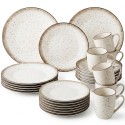 Serwis obiadowy porcelana 24 elementy Atom Hello Sand beżowe talerze kubki dla 6 osób nakrapiane