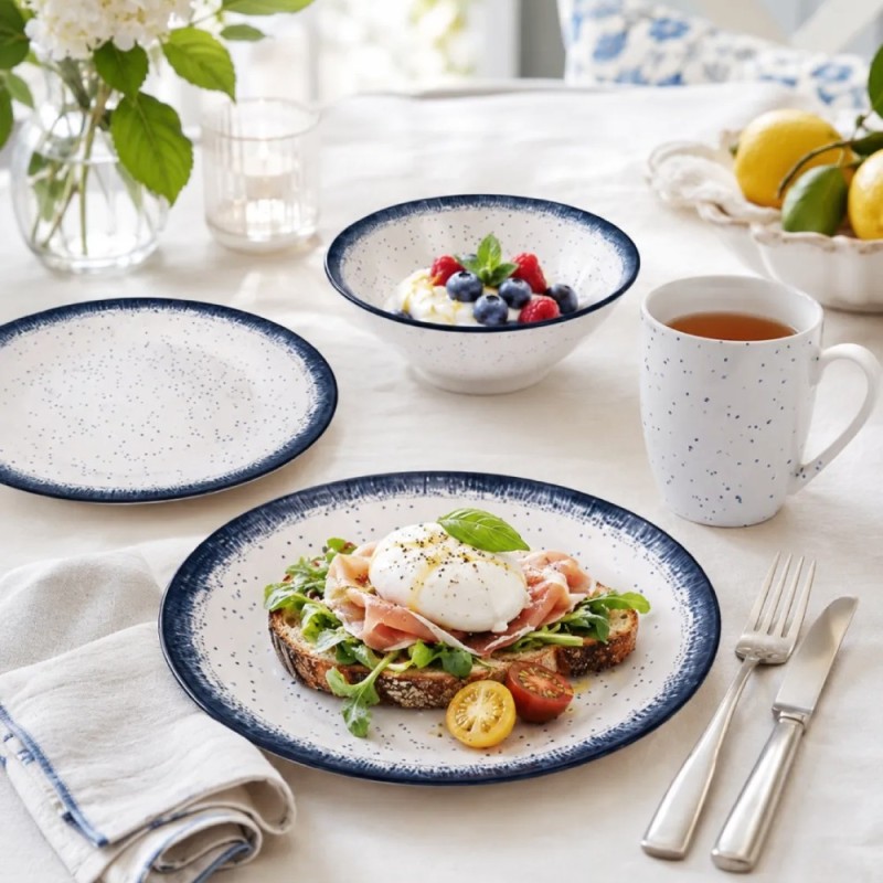 Serwis obiadowy porcelana 18 elementów Atom Hello Blue talerze dla 6 osób granatowe nakrapiane