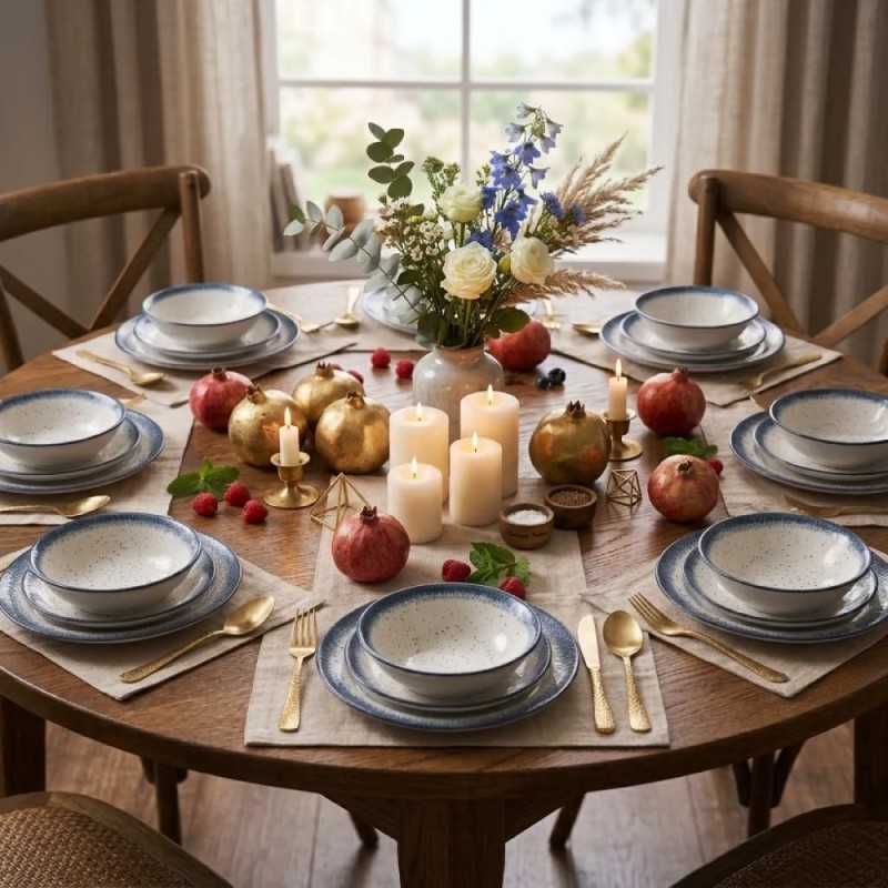 Serwis obiadowy porcelana 18 elementów Atom Hello Blue talerze dla 6 osób granatowe nakrapiane