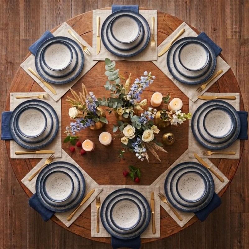 Serwis obiadowy porcelana 18 elementów Atom Hello Blue talerze dla 6 osób granatowe nakrapiane