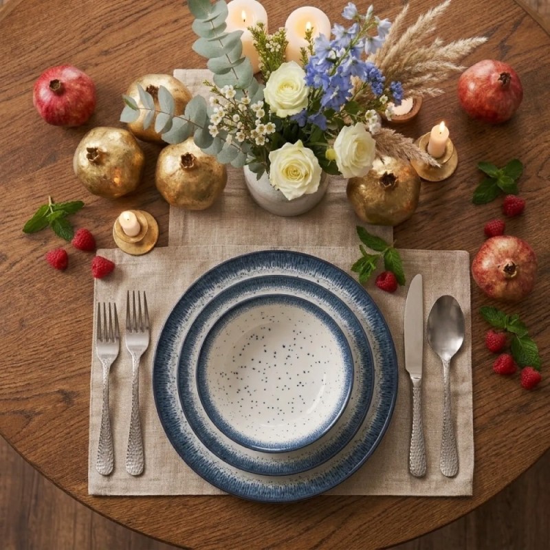 Serwis obiadowy porcelana 18 elementów Atom Hello Blue talerze dla 6 osób granatowe nakrapiane
