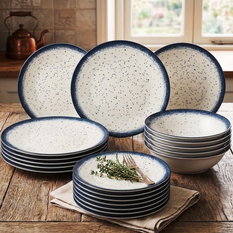 Serwis obiadowy porcelana 24 elementy Atom Hello Blue talerze kubki dla 6 osób granatowe nakrapiane