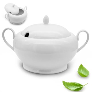 Waza porcelanowa okrągła z pokrywką i uchwytami biała do zupy 3 L Tragar